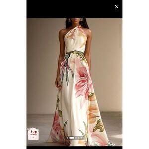 Fehaute Pink Floral Satin One Shoulder A-Line Maxi Dress With Pocket size 2